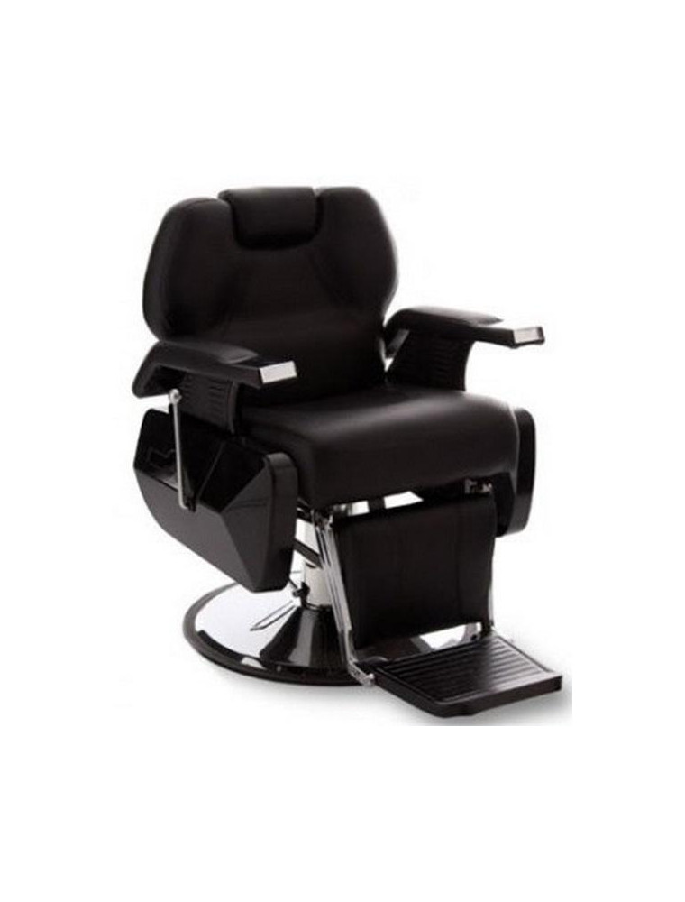 Cadeira de barbeiro preta em couro sintético com apoios de braços e descanso para os pés