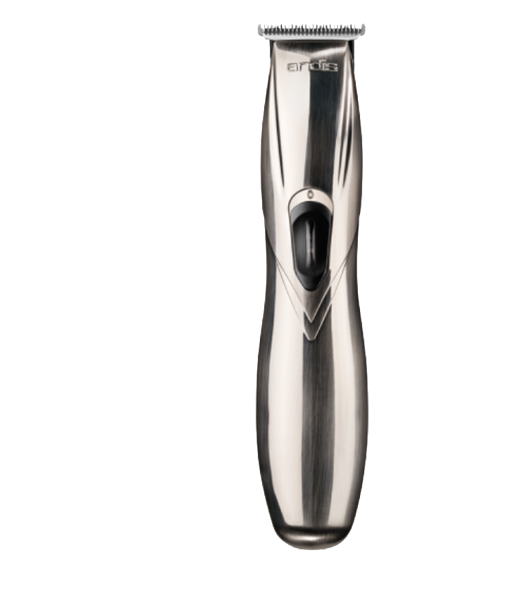 Máquina de cortar cabelo metálica com lâmina no topo e botão deslizante preto