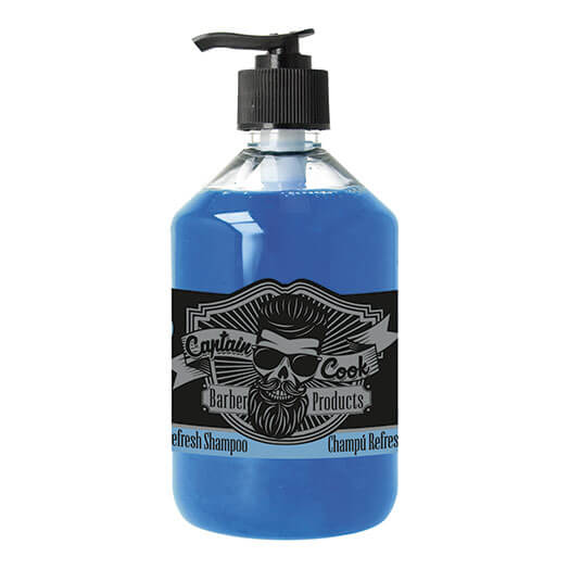 Frasco de shampoo azul com tampa dosadora e rótulo decorativo