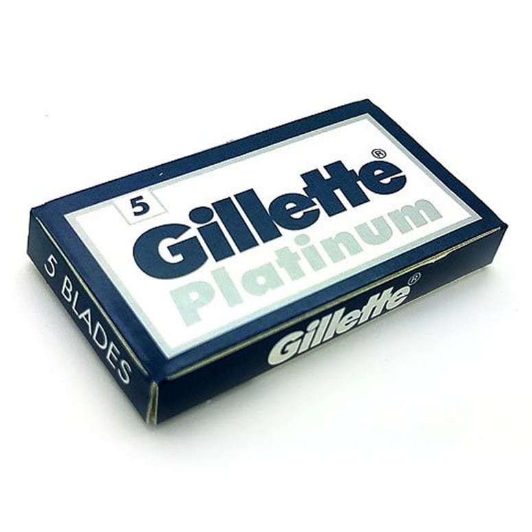 Embala de lâminas Gillette Platinum azul e branca com texto e número 5