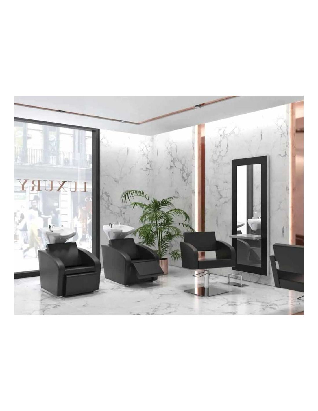 salão moderno com poltronas pretas e lavatórios brancos