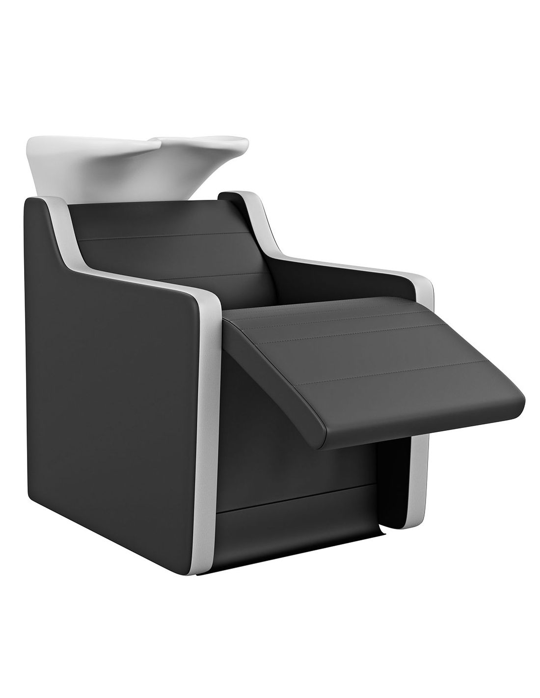 cadeira de cabeleireiro preta com cuba lavatório branca