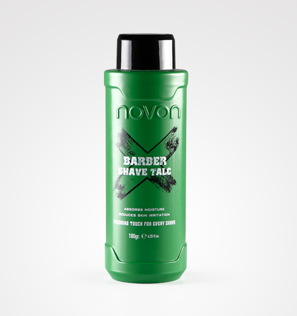 Frasco verde de talco para barbear Novon com tampa preta em fundo branco