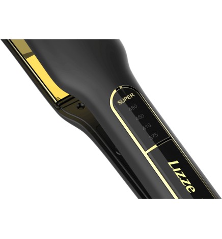 Prancha de cabelo preta com detalhes dourados e painel digital