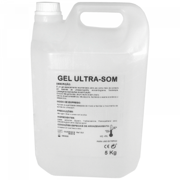Frasco branco de plástico com Gel Ultra-Som e texto descritivo em português