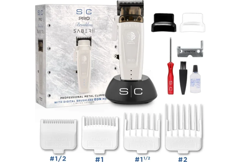 Máquina de cortar cabelo profissional S C PRÓ Brushless SABER II com acessórios e embalagem.