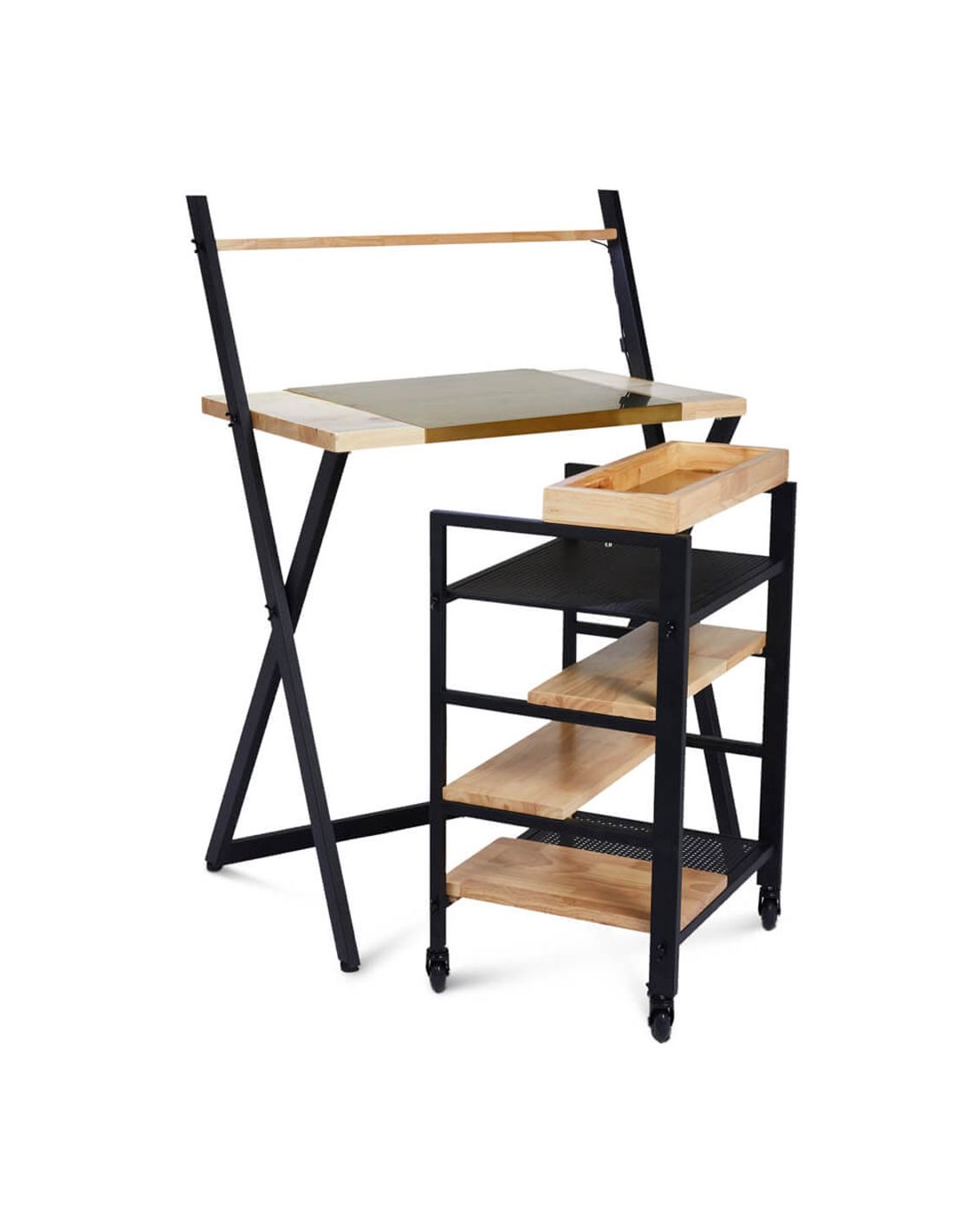 Secretária em metal preto com tampo de madeira clara e carrinho auxiliar móvel