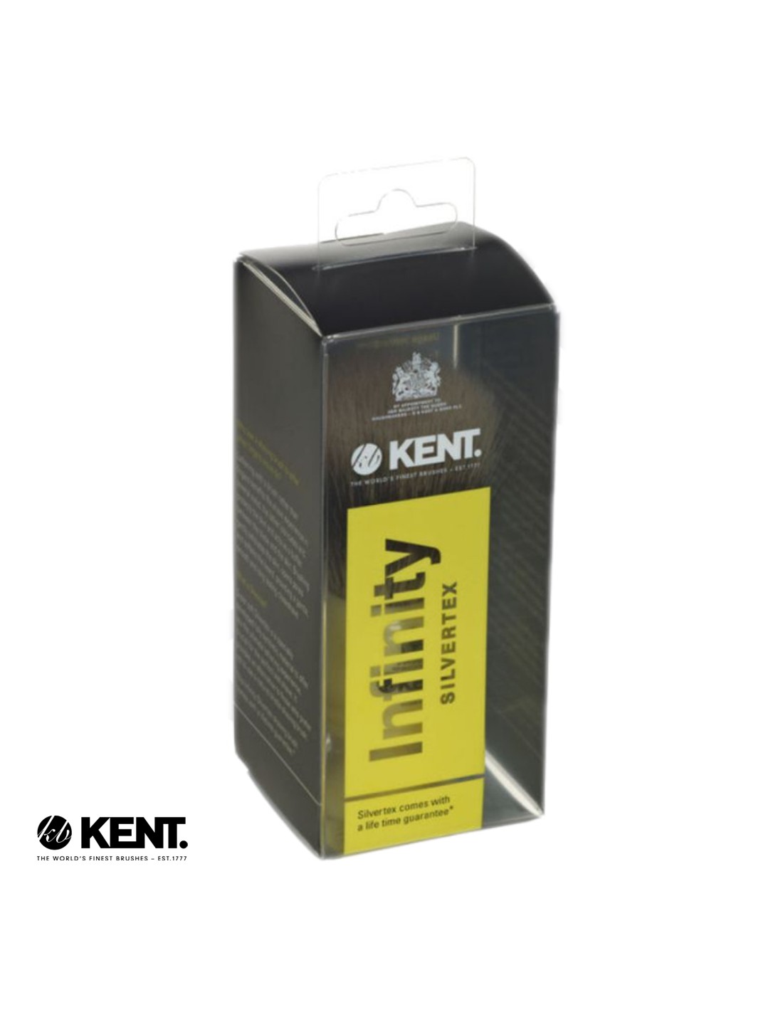 Embalagem de produto KENT Infinity Silvertex preta e transparente com etiqueta amarela e selo real UK