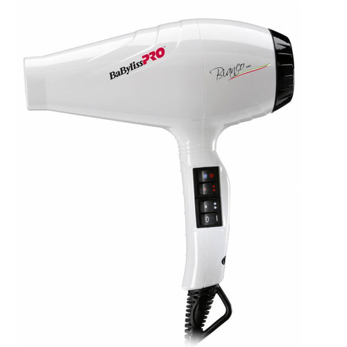 Secador de cabelo BaByliss PRO branco com botões pretos no punho