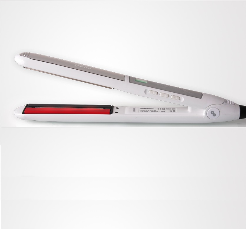 Alisador de cabelo branco com placas vermelhas e visor digital