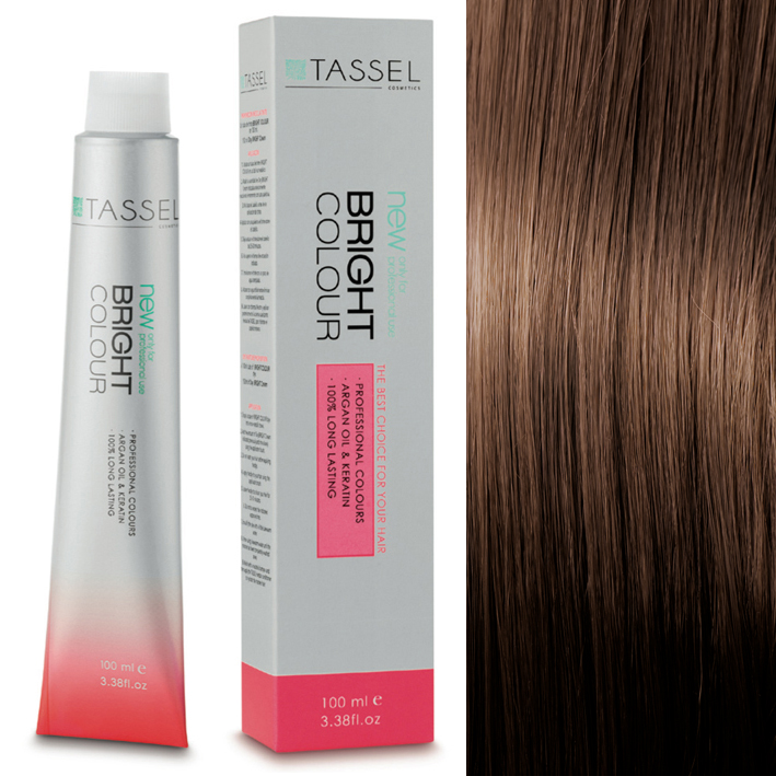 Tubo e caixa de tinta de cabelo TASSEL BRIGHT COLOUR com mecha de cabelo castanho