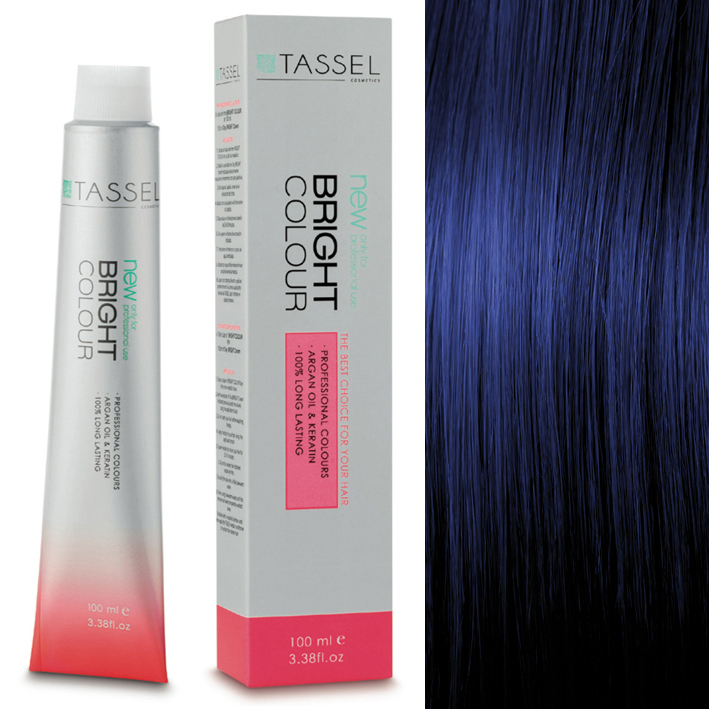 Tubo e caixa do produto de coloração capilar Tassel Bright Colour e cabelo azul escuro