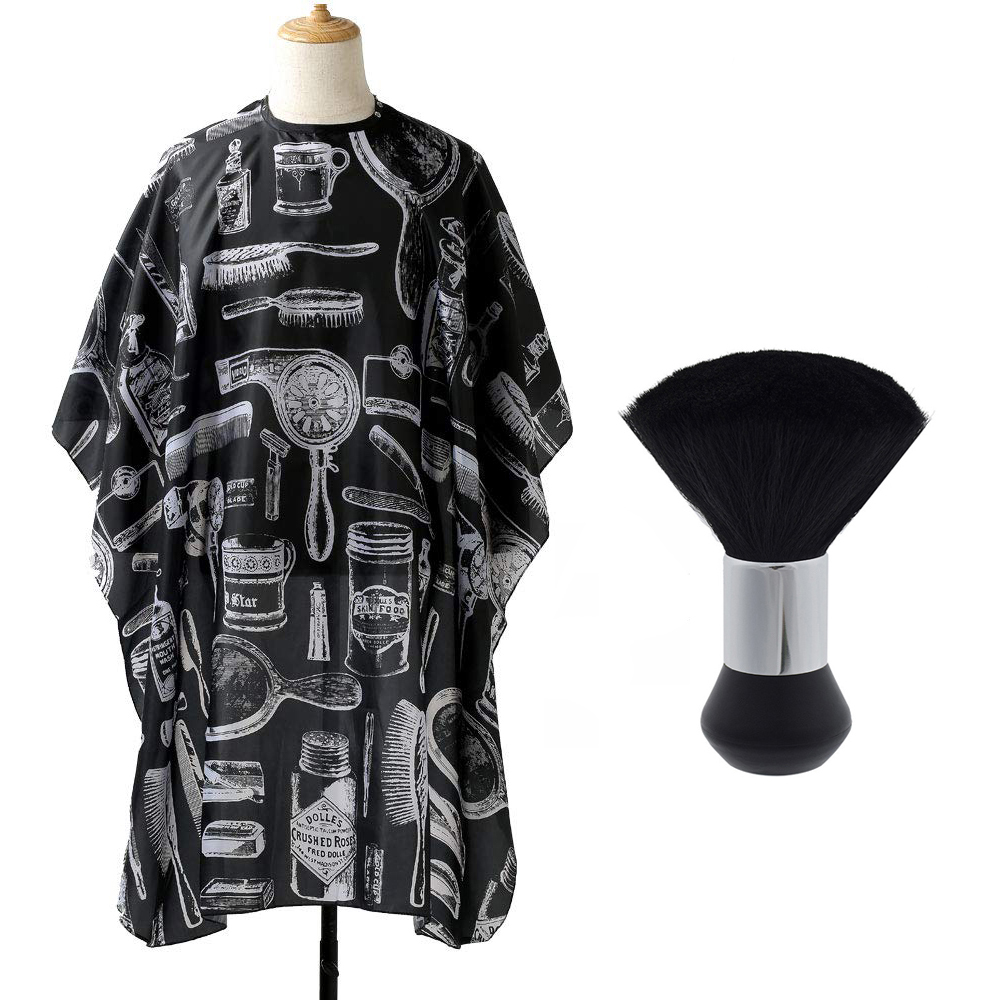 Capa de barbeiro preta estampada com utensílios e pincel de barba preto com cabo prateado