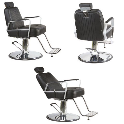 Cadeira de barbearia preta com estrutura metálica e base cromada