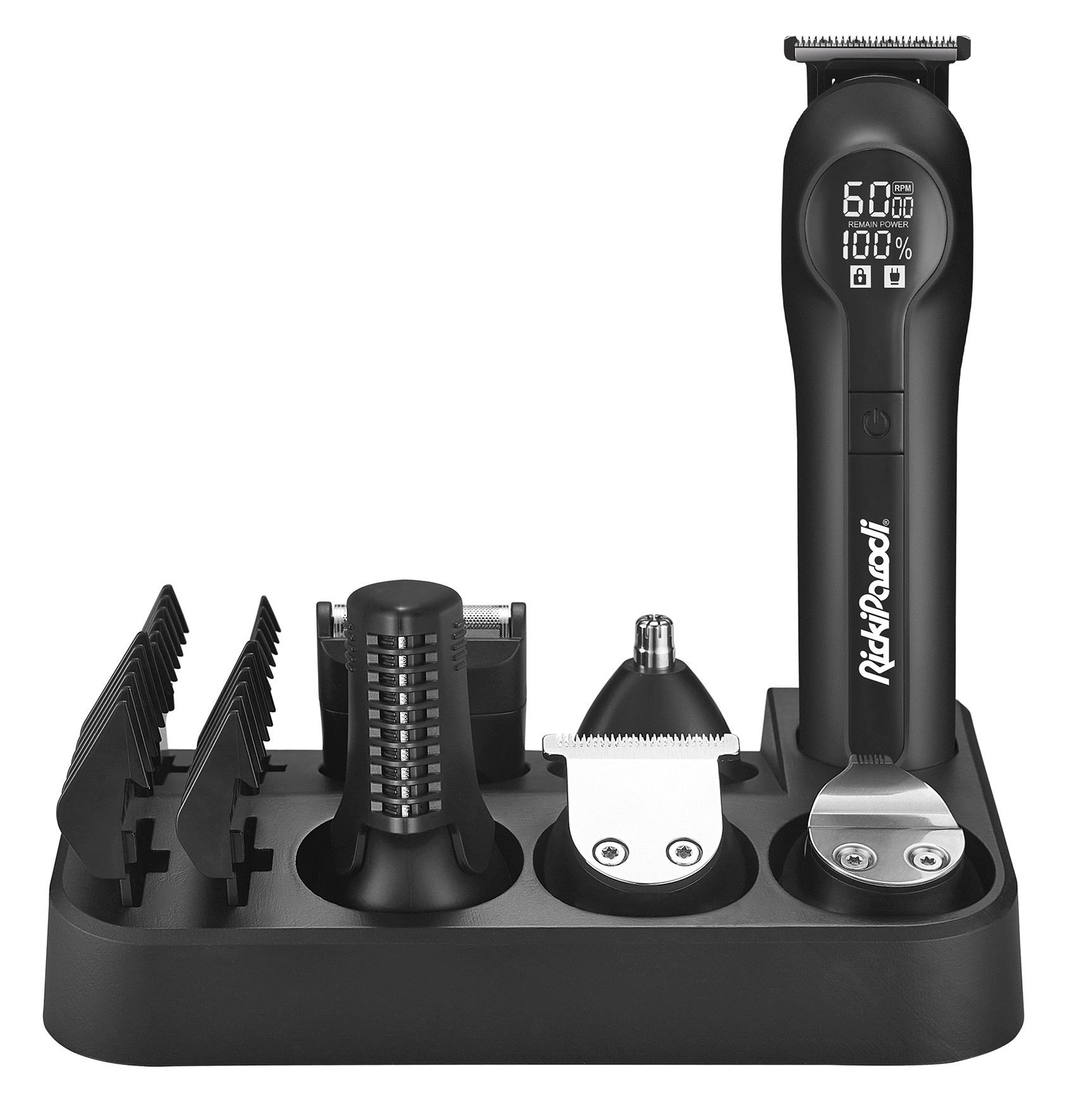 Conjunto de aparador de barba elétrico preto com acessórios numa base preta.