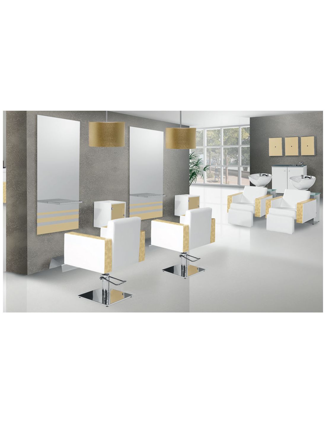 Cadeiras de cabeleireiro brancas com madeira, espelhos grandes e lavatórios brancos em salão moderno