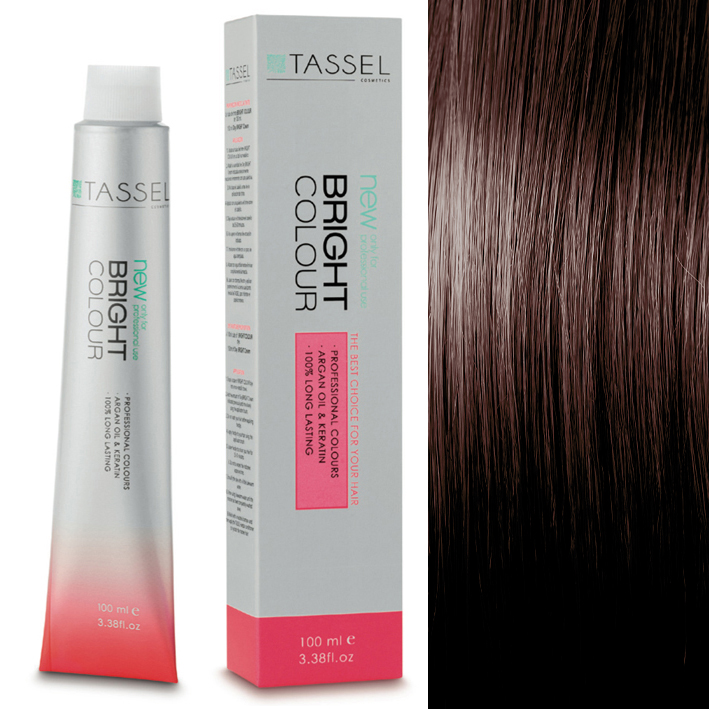 Tubo e caixa de coloração TASSEL Bright Colour e amostra de cabelo castanho