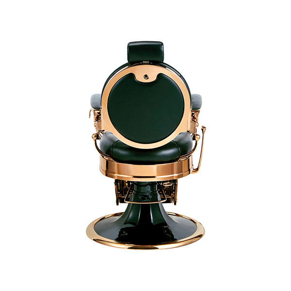 Cadeira de barbeiro verde escura com detalhes dourados