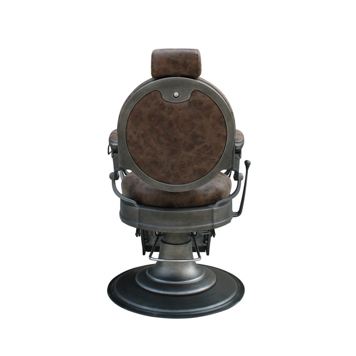 Cadeira de cabeleireiro castanha com base preta e estrutura metálica