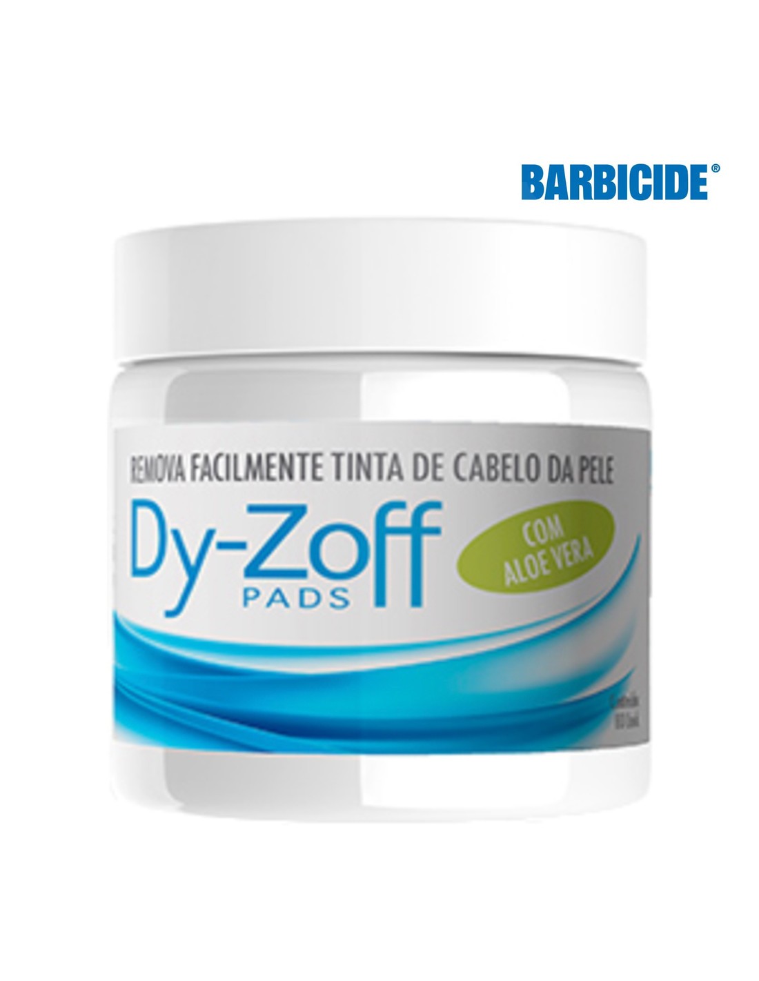 Frasco plástico branco com rótulo azul e verde de produto Dy-Zoff Pads da Barbicide