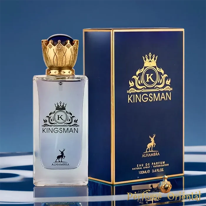 Frasco e embalagem de perfume Kingsman azul e dourado