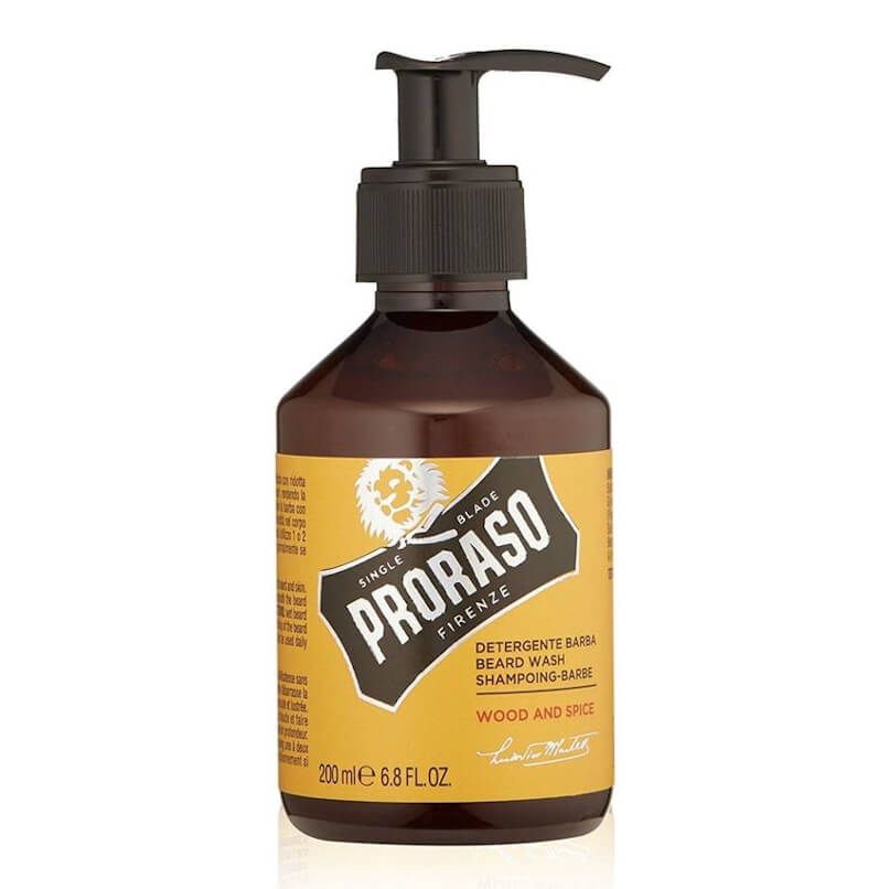 Frasco castanho de detergente para barba PRORASO com doseador preto e etiqueta amarela.