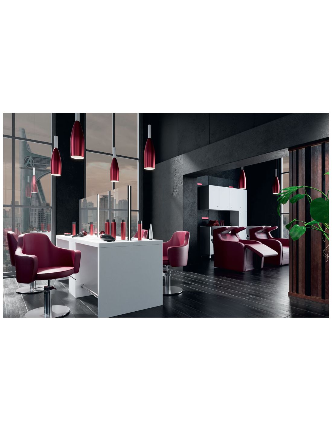 Salão de beleza moderno com cadeiras vermelhas e mesa branca