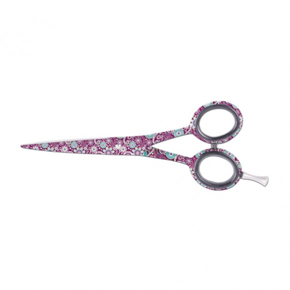 Tesoura decorada com padrão floral em roxo, branco e azul