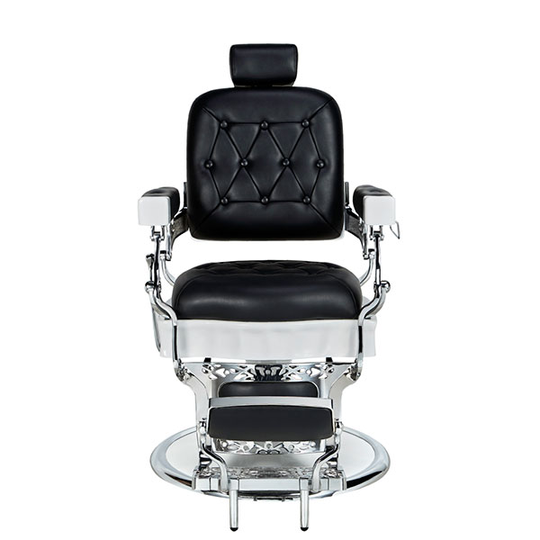 Cadeira de barbeiro preta com estrutura metálica cromada