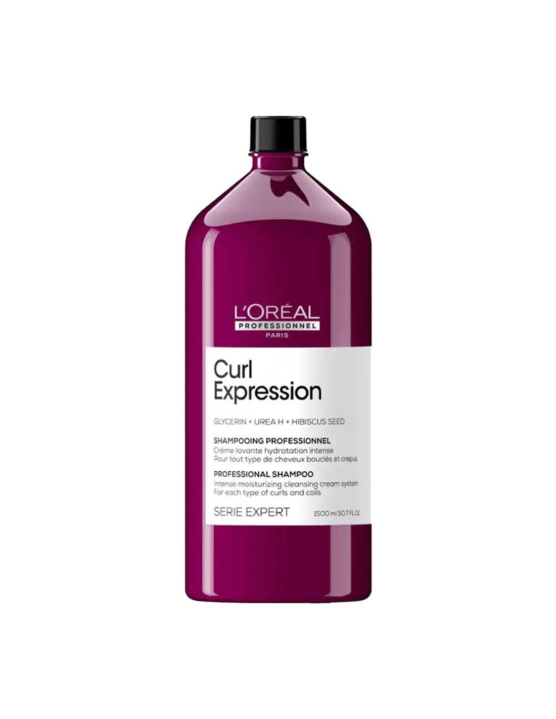 Frasco de champô roxo escuro L'Oréal Curl Expression com rótulo branco