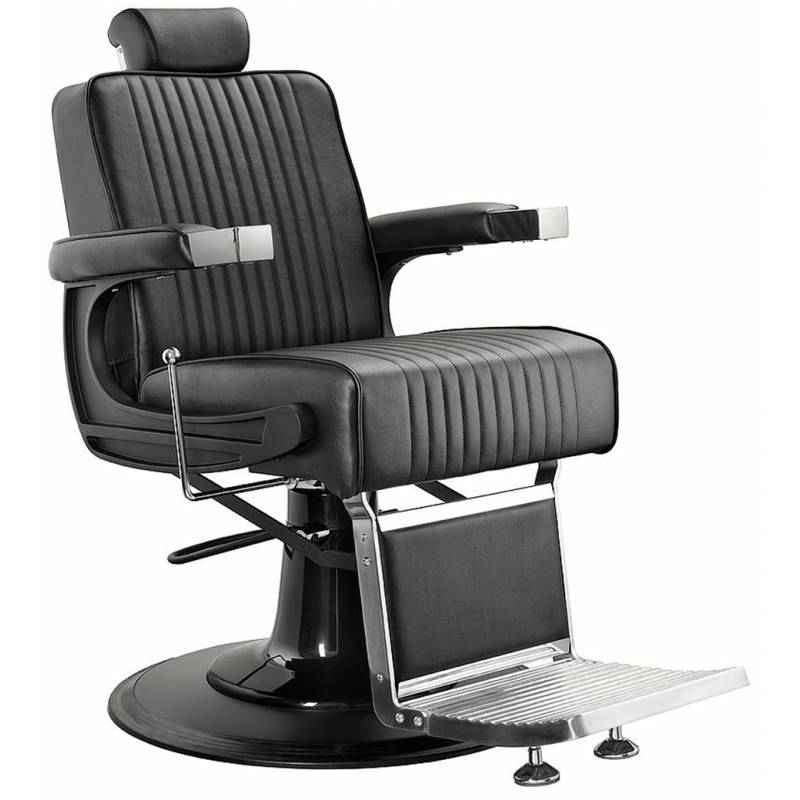 Cadeira de barbeiro preta com apoios de braço e descanso de pés metálico