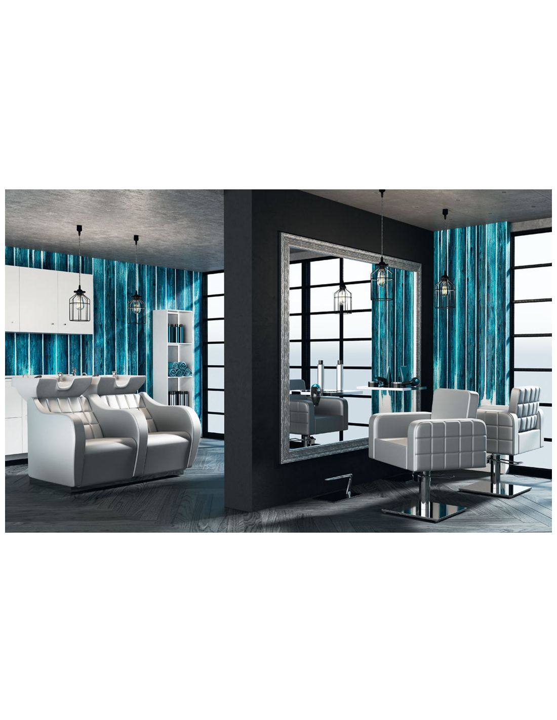 Interior de salão de cabeleireiro com cadeiras brancas e parede azul decorativa