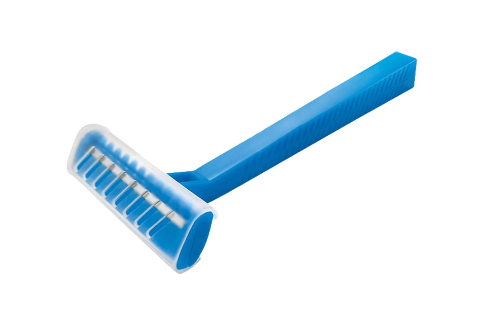 Aparelho de barbear descartável azul com capa transparente