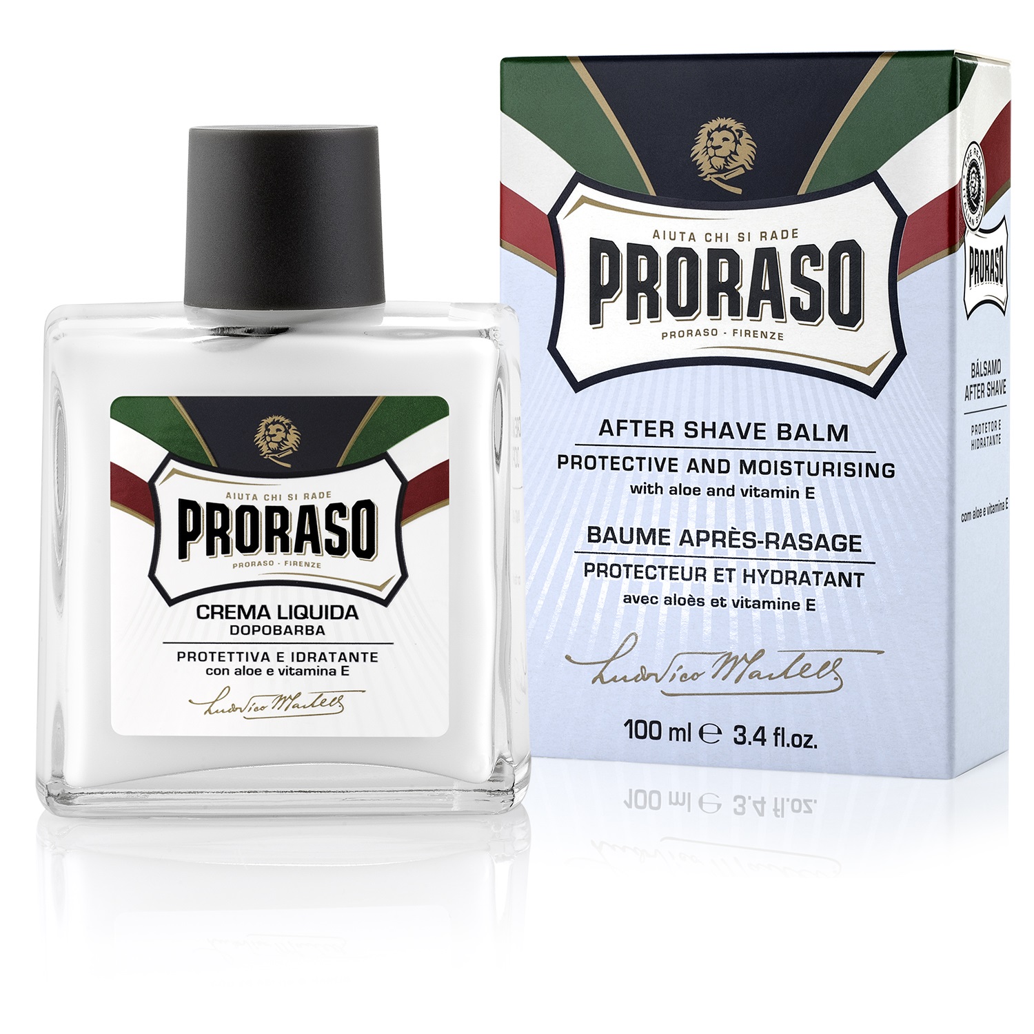 Frasco de creme líquido Proraso com caixa ao lado, ambas com design tricolor e texto multilíngue.