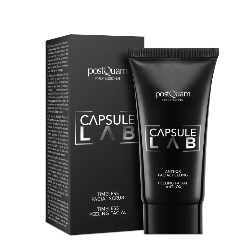 Creme esfoliante facial preto da postQuam Professional Capsule Lab com embalagem correspondente