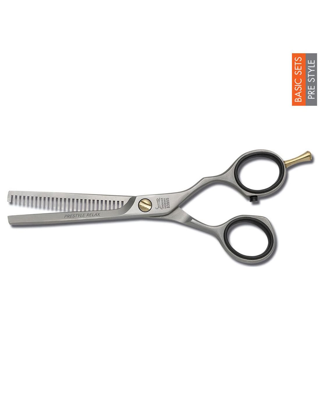 Tesoura de cabelo em metal prateado com uma lâmina dentada e outra lisa, punhos preto e dourado, texto PRE STYLE RELAX, BASIC SETS PRE STYLE