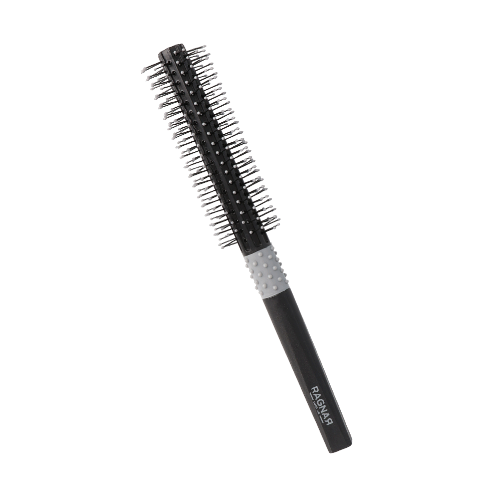 Escova de cabelo preta com cabo cinza texturizado e cerdas metálicas