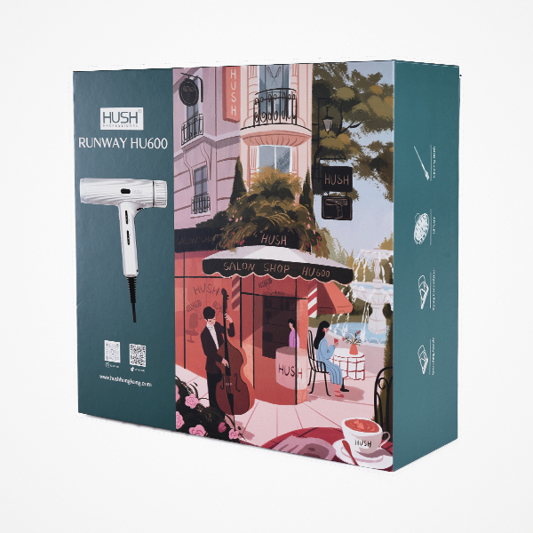 Caixa de secador de cabelo HUSH RUNWAY HU600 com ilustração de rua parisiense e café