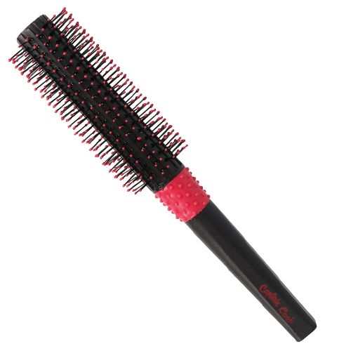Escova de cabelo redonda preta com cerdas e detalhes vermelhos