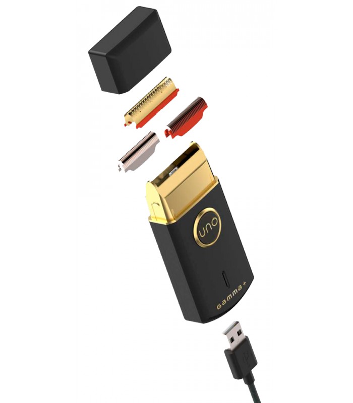 Aparelho de barbear elétrico preto e dourado com lâminas intercambiáveis e cabo USB