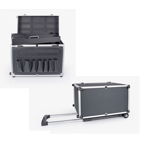 Mala preta rígida com interior acolchoado e rodas, para transporte e organização