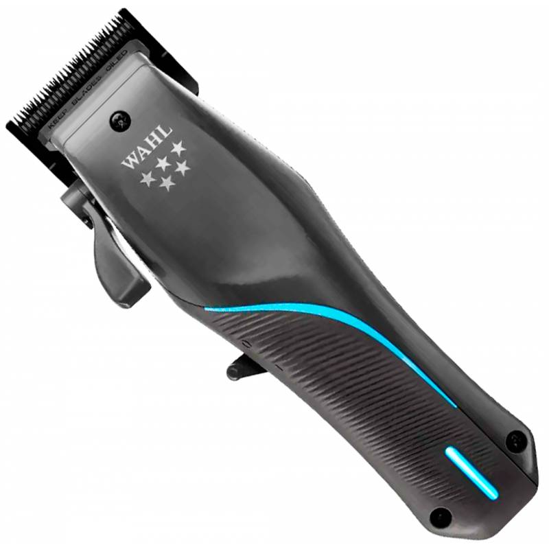 Máquina de cortar cabelo cinza com detalhes azuis e texto WAHL