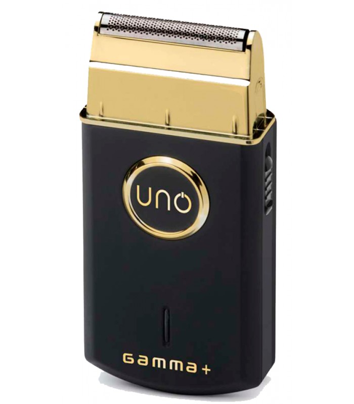 Aparelho de barbear elétrico preto com detalhes dourados e marca Gamma+.