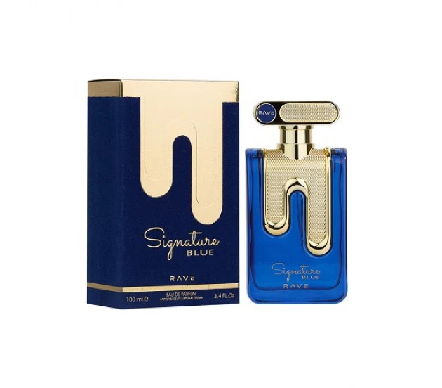 Frasco e caixa de perfume Signature Blue Rave azul e dourado
