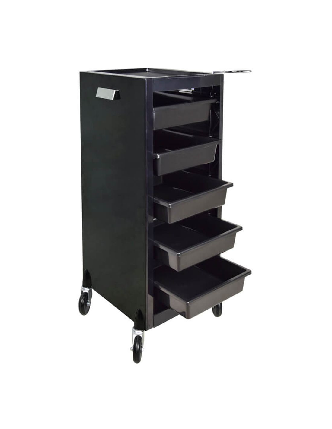 Carrinho móvel preto com cinco gavetas e rodas