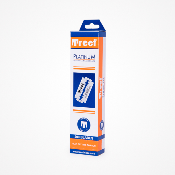 Embalagem de lâminas de barbear Treet Platinum com design branco, azul e laranja
