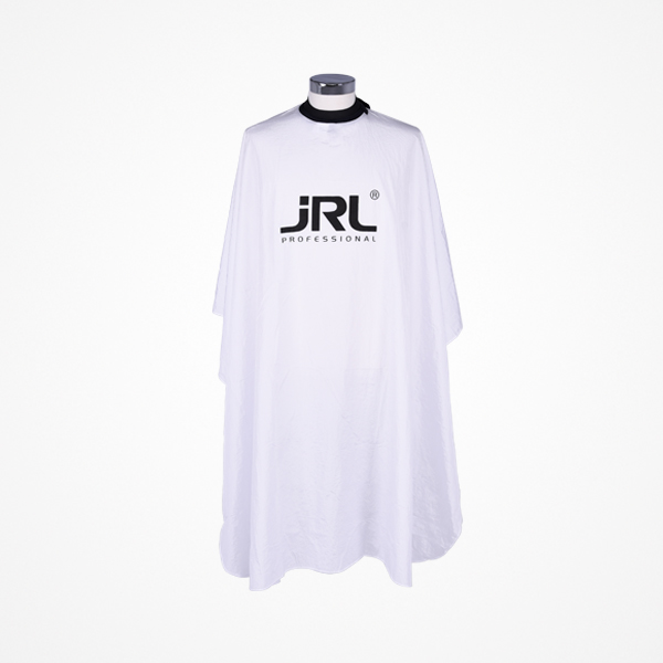 Capa branca de barbeiro com logo preto JRL PROFESSIONAL