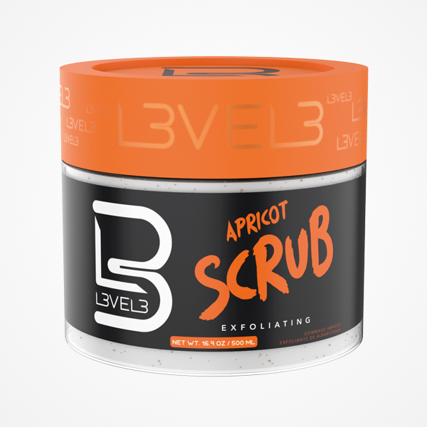 Frasco de esfoliante de damasco L3VEL3 com tampa laranja e rótulo preto e laranja