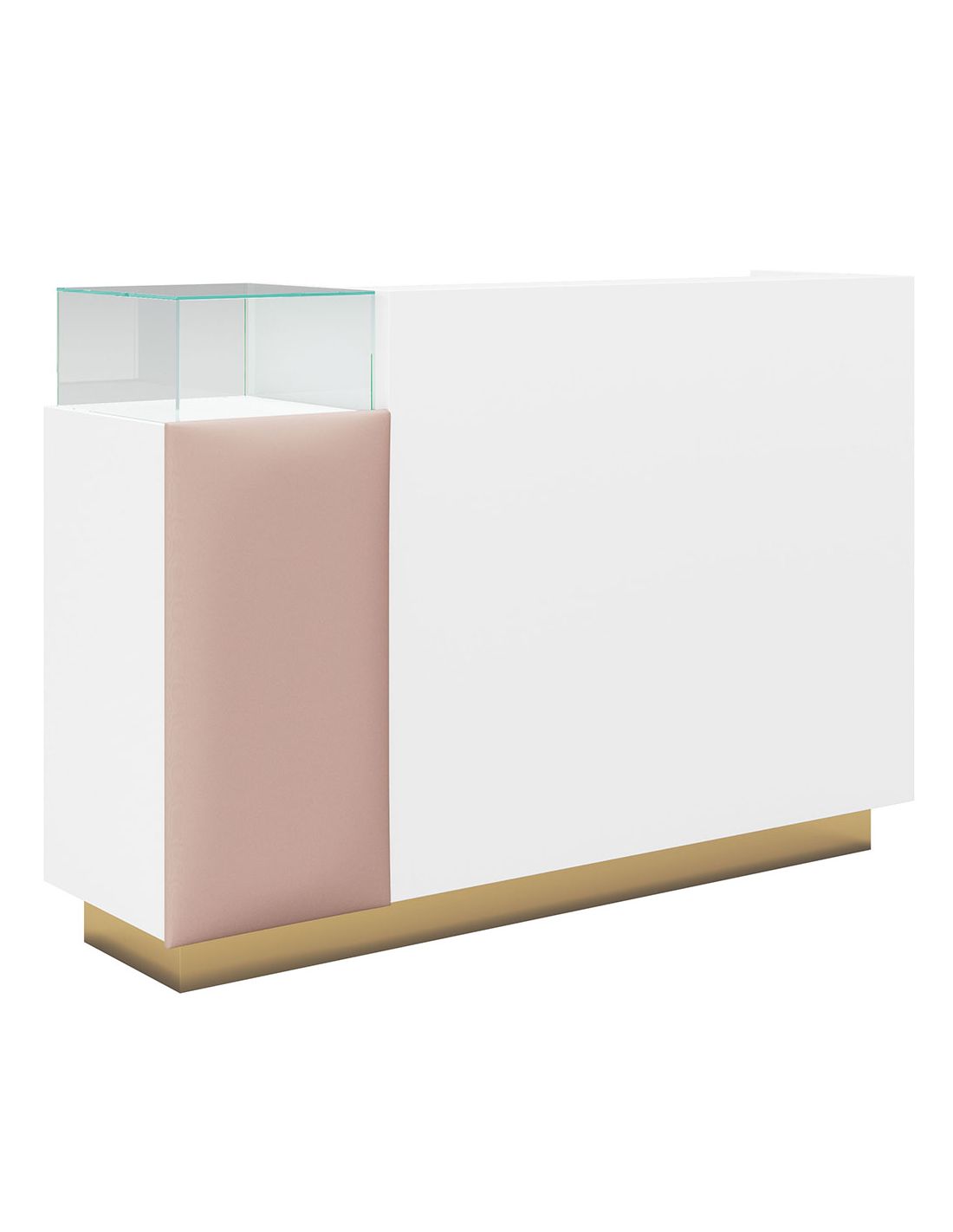 Móvel branco moderno com detalhe rosa, base dourada e parte superior em vidro.