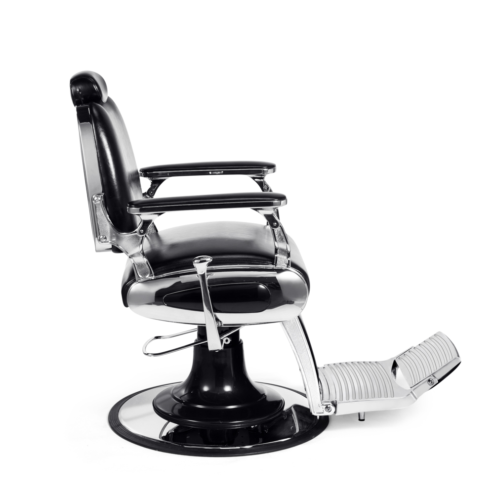 Cadeira de barbeiro preta com estrutura metálica cromada e apoio para pés